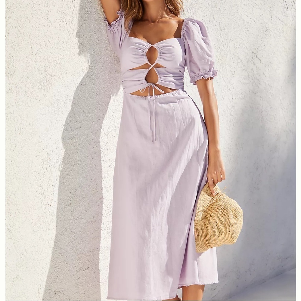 Charlie Holiday Womens purple linen cotton puff sleeve cut out midi dress 8